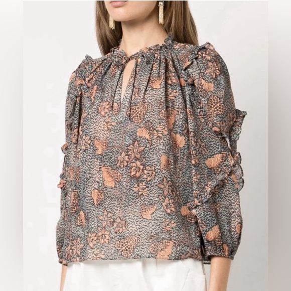 NWOT Ulla Johnson Manet Cotton Ruffle Floral Blouse Aegean Blue Sz 8 Medium - Picture 6 of 15